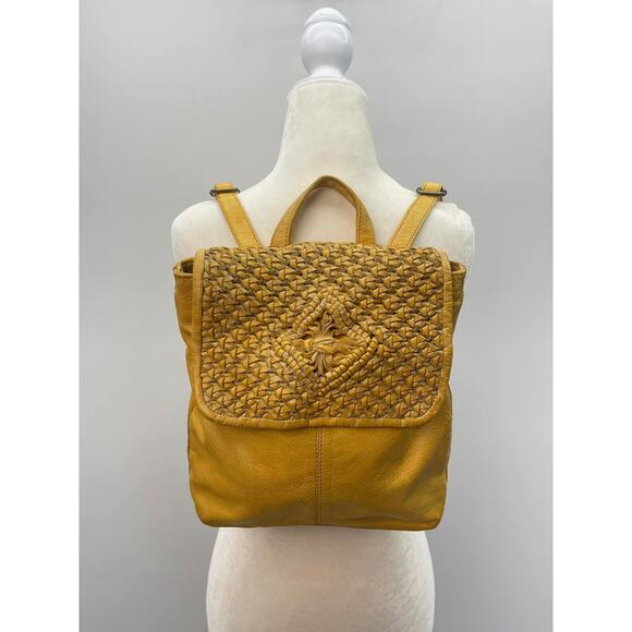 Frye & Co. Esme Leather Woven Flap Backpack in Mustard Yellow - Picture 2 of 9